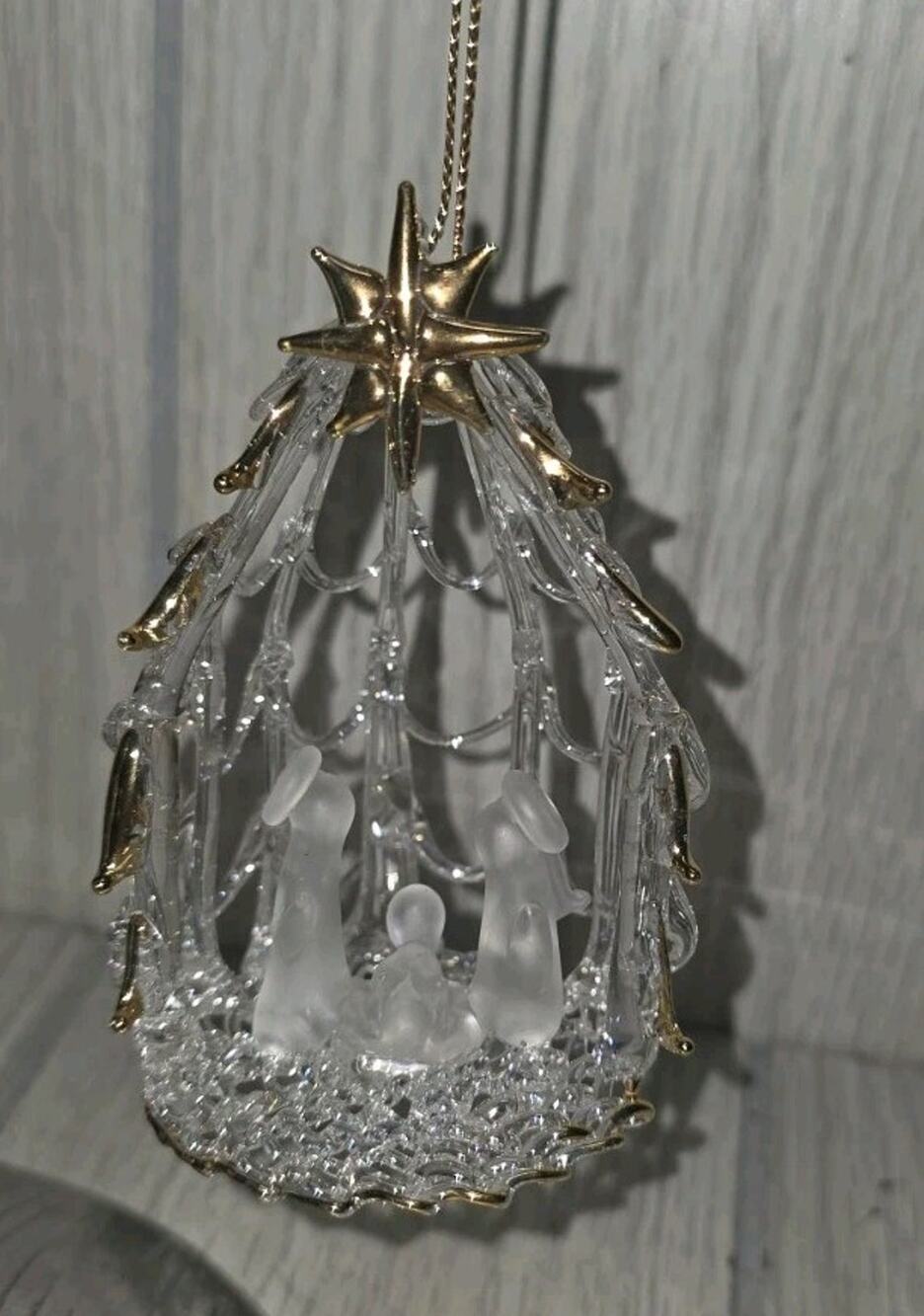 Vtg Hand Spun Blown Clear Glass Nativity Manger Ornament Religious Christmas 3"